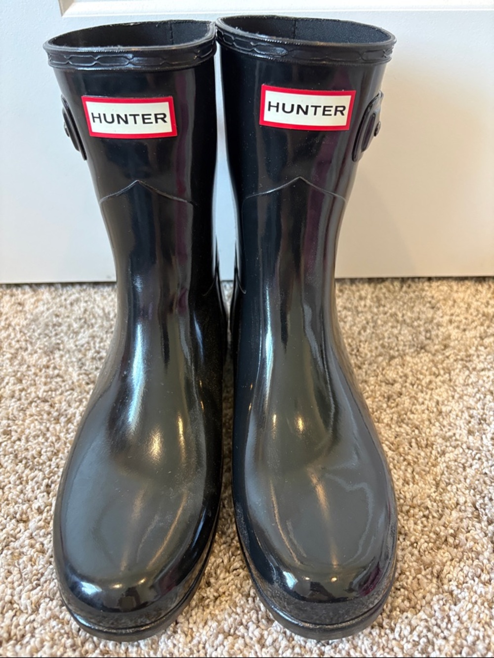 Hunter Black Gloss Rubber Rain Boots with Red Logo Trim